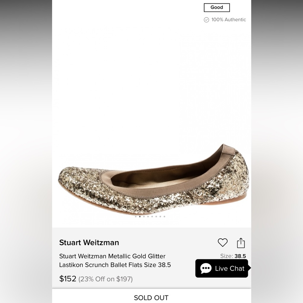 STUART WEITZMAN Gold Metallic Glitter Lastikon Ballet Flat Shoes Size 8
